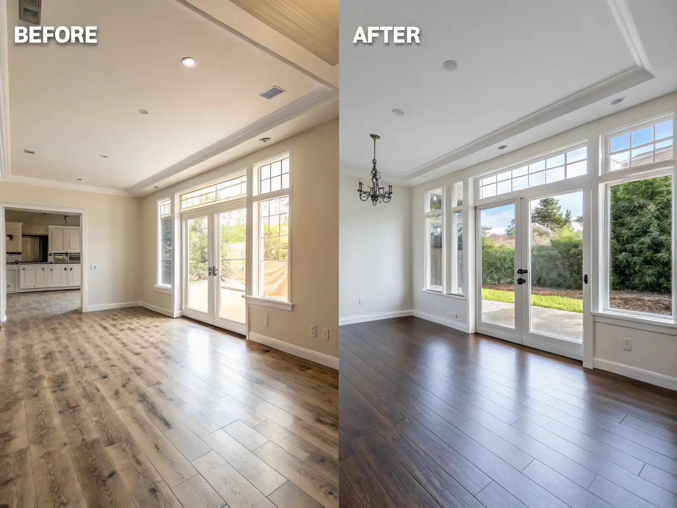 A split-screen showcasing a before-and-after comparison of a real estate listing, with the 'before' side showing a poorly lit and staged room, and the 'after' side displaying a professionally photographed and staged version by Re3d.