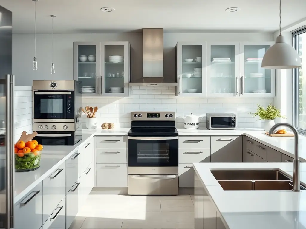 A photographer is capturing a bright and airy kitchen in a modern home with professional equipment. The image highlights the attention to detail and quality in Re3d's photography services.