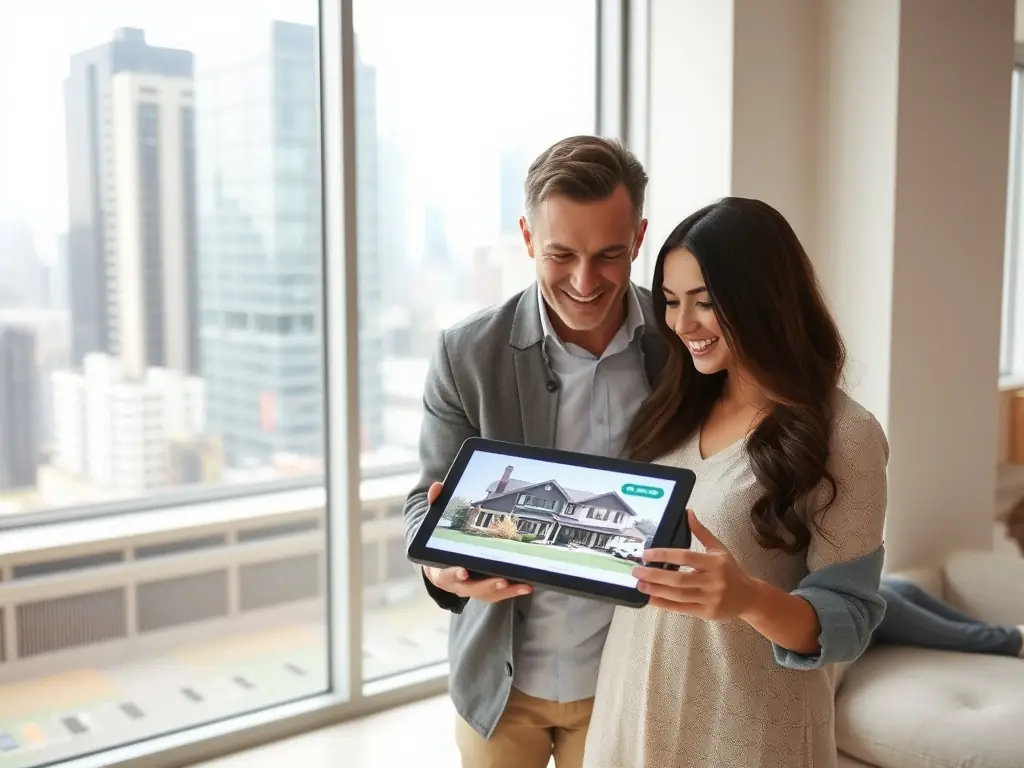 A real estate agent smiles confidently while showcasing a Matterport 3D tour on a tablet to potential buyers in a modern living room. The scene emphasizes the interactive and engaging nature of the virtual tour experience.